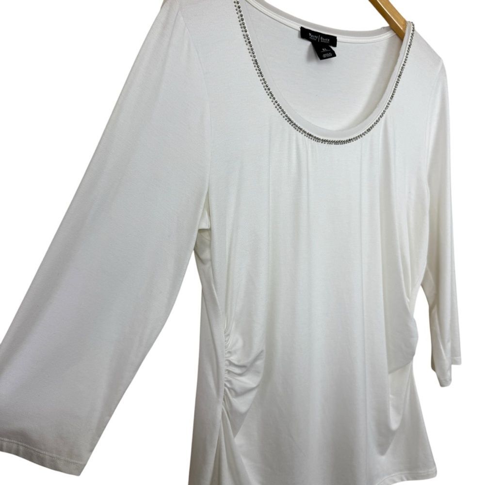 White House Black Market White Scoop Neck 3/4 Sleeve Ruched Top Womens Size XL - Picture 2 of 6